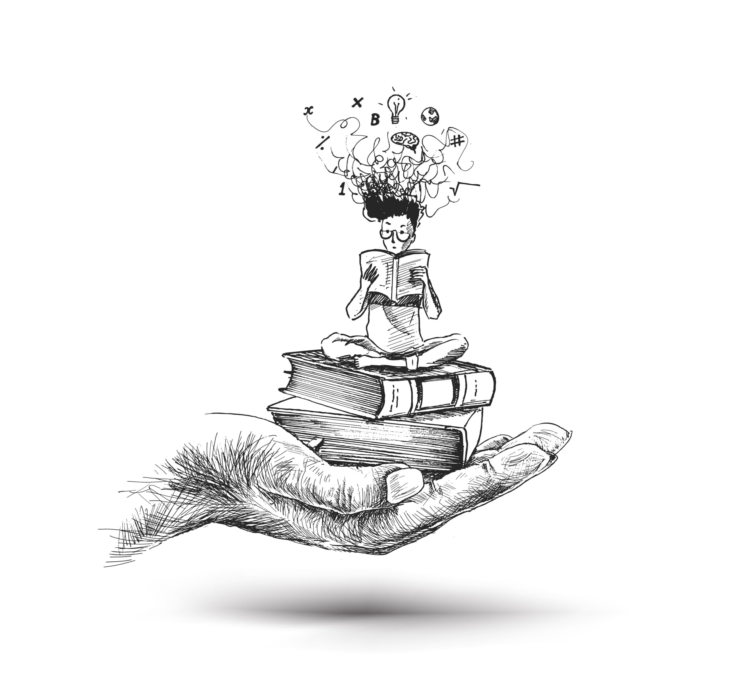 Hand hold Stack of books genius boy, Hand Drawn Sketch Vector il